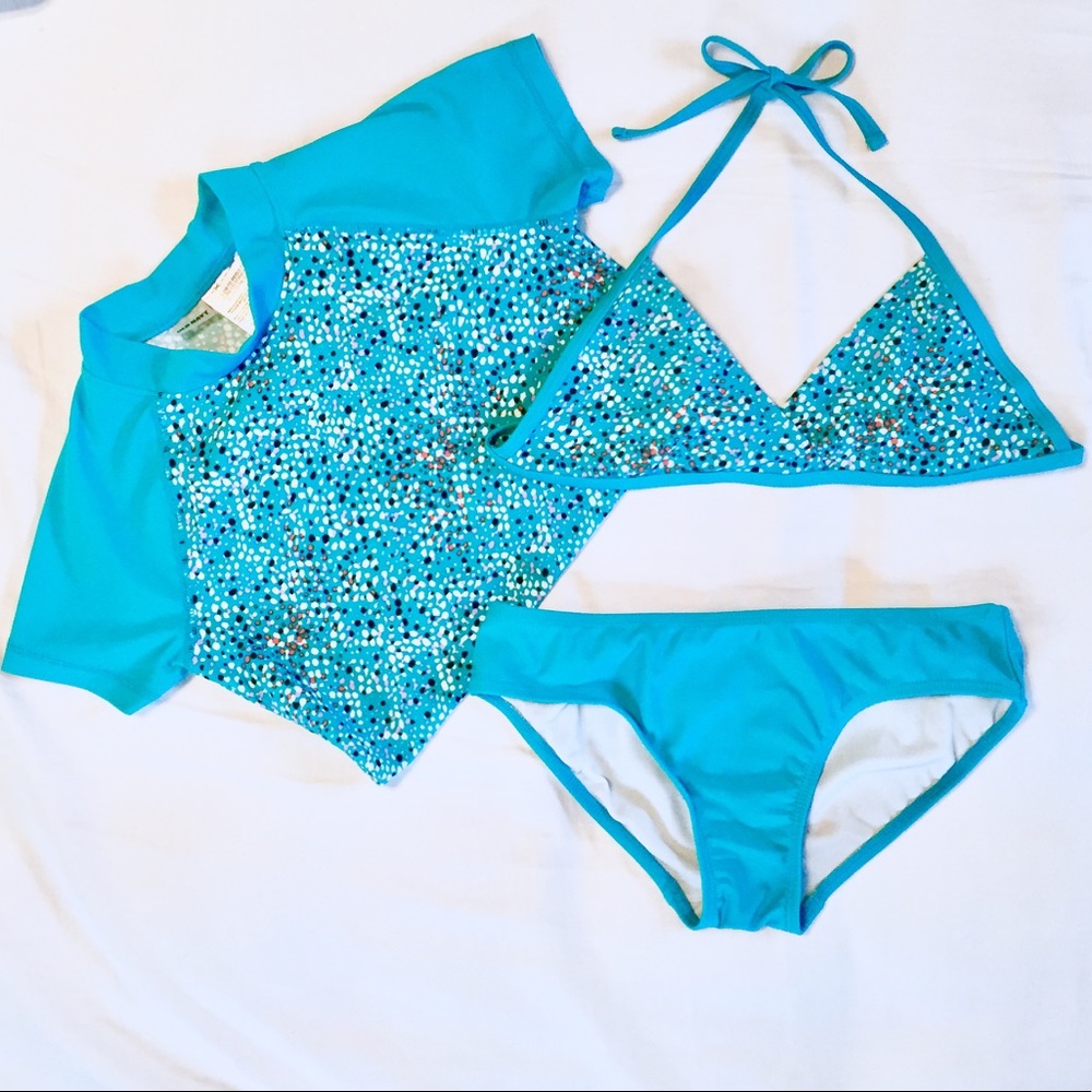 Turquoise 3-Piece Bikini and Rash Guard Set